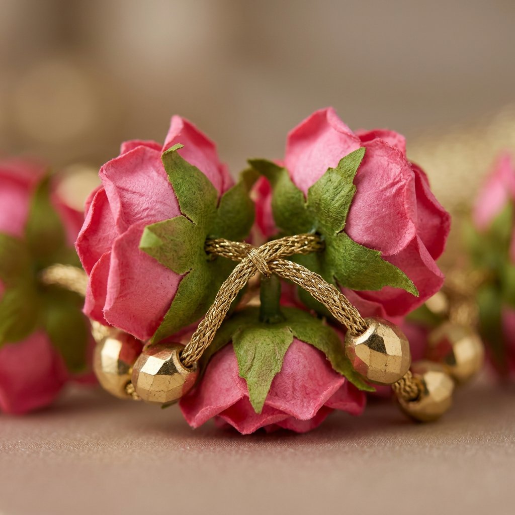Elegant Pink Floral Hanging Garland with Golden Beads & Silk Tassel – Decorative Door/Window Latkan