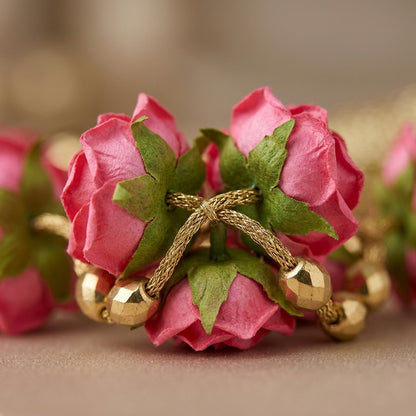 Elegant Pink Floral Hanging Garland with Golden Beads & Silk Tassel – Decorative Door/Window Latkan