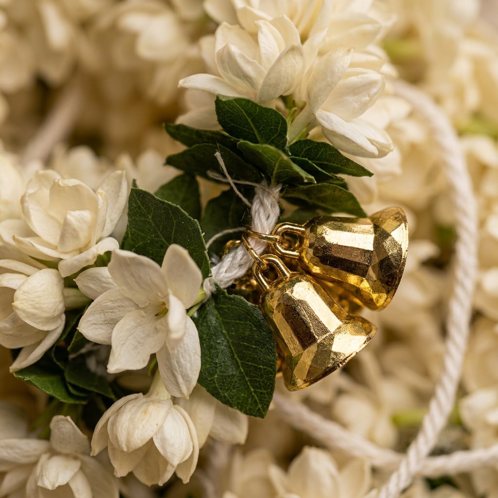 Artificial White Jasmine-Style Flower Hanging Garland with Golden Bells – Traditional Latkan for Pooja, Mandir, Door & Festive Décor (36 cm) – Pack of 10