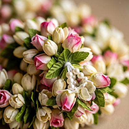 Beautiful Pink & White Fluffy Floral Hanging Garland with Green Leaves – Traditional Flower Latkan for Pooja, Wedding, Mandir & Festive Décor (65 cm) – Pack of 10