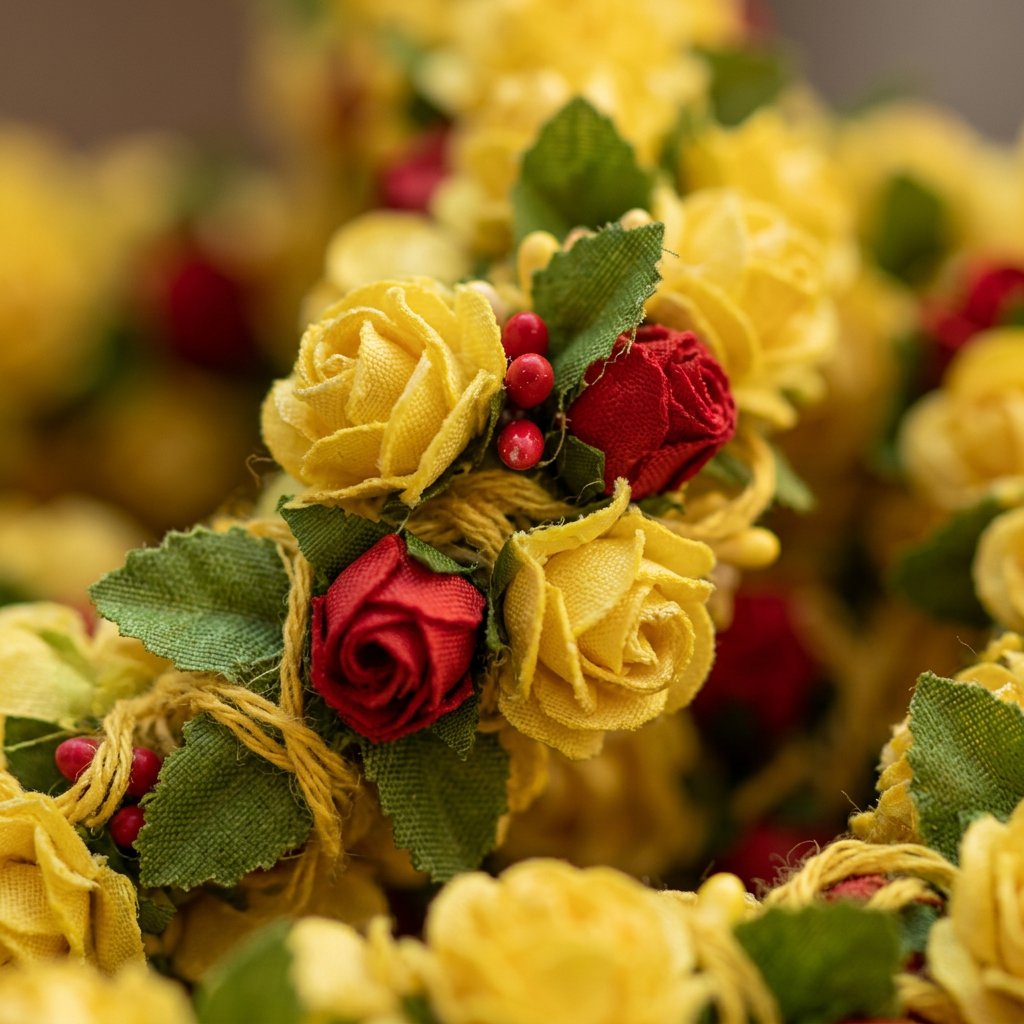 Fresh-Look Yellow Floral Hanging Garland with Red Flower Accents – Traditional Marigold-Style Latkan for Door, Pooja & Festive Décor (102 cm)