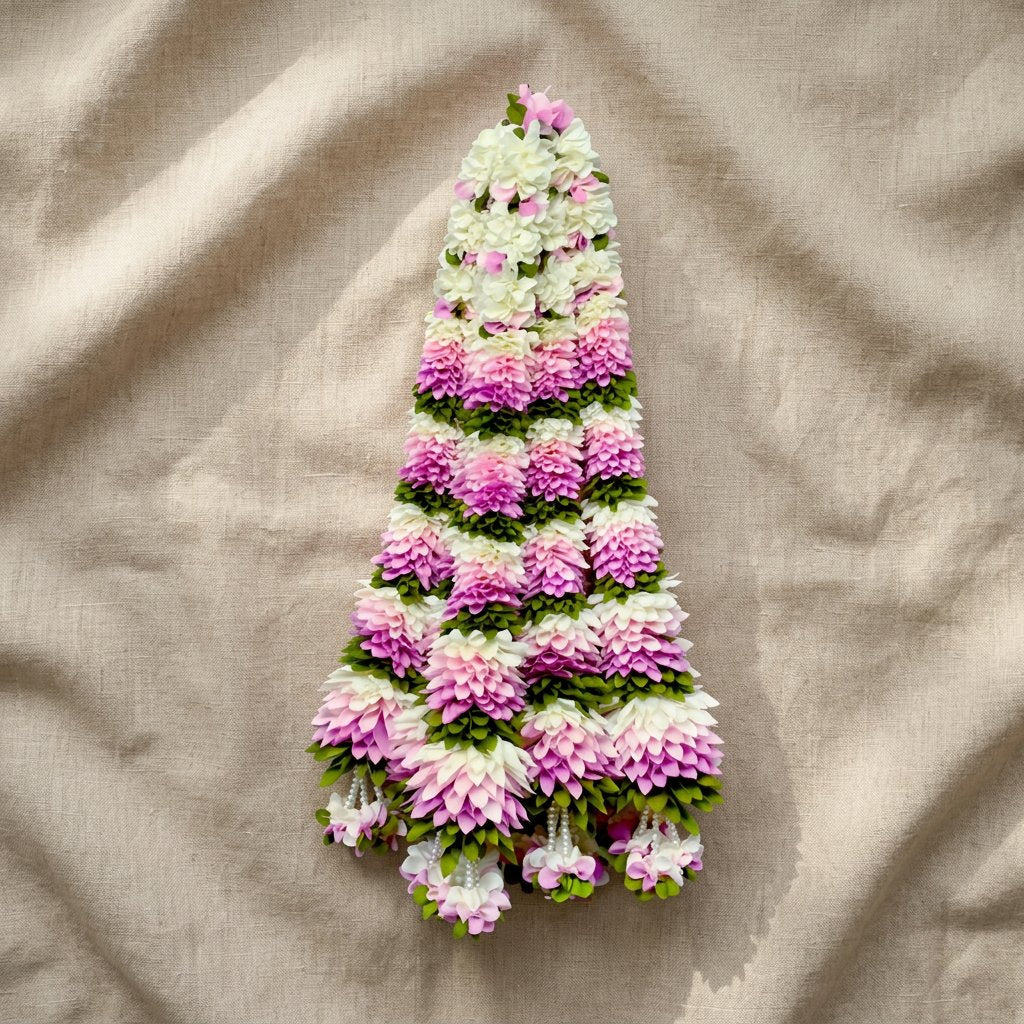 Beautiful Pink & White Fluffy Floral Hanging Garland with Green Leaves – Traditional Flower Latkan for Pooja, Wedding, Mandir & Festive Décor (65 cm) – Pack of 10