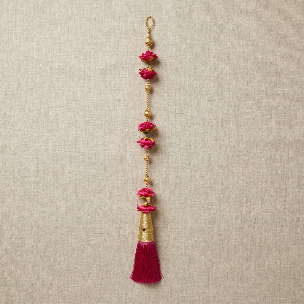 Elegant Pink Floral Hanging Garland with Golden Beads & Silk Tassel – Decorative Door/Window Latkan