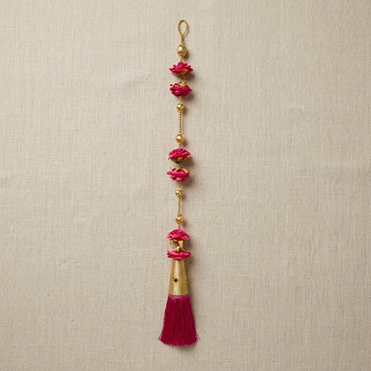 Elegant Pink Floral Hanging Garland with Golden Beads & Silk Tassel – Decorative Door/Window Latkan