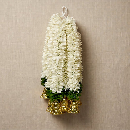 Artificial White Jasmine-Style Flower Hanging Garland with Golden Bells – Traditional Latkan for Pooja, Mandir, Door & Festive Décor (36 cm) – Pack of 10