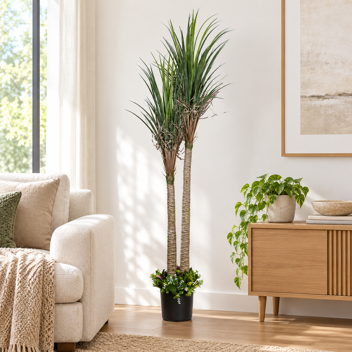 Artificial dual-stem Dracaena potted tree - living-room
