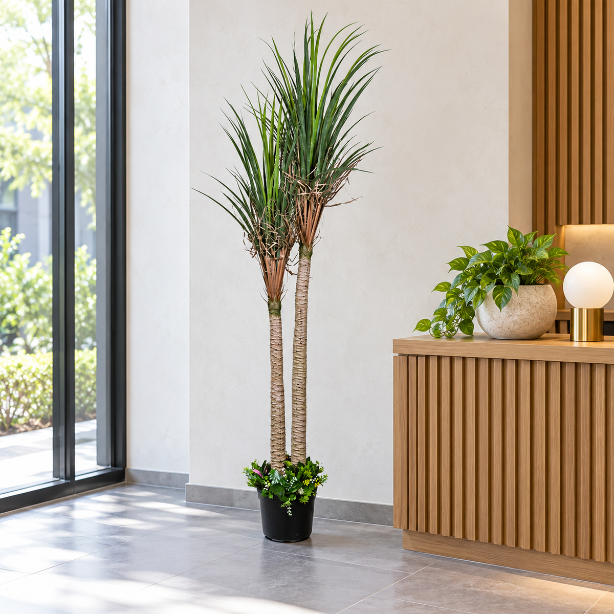Artificial dual-stem Dracaena potted tree - office