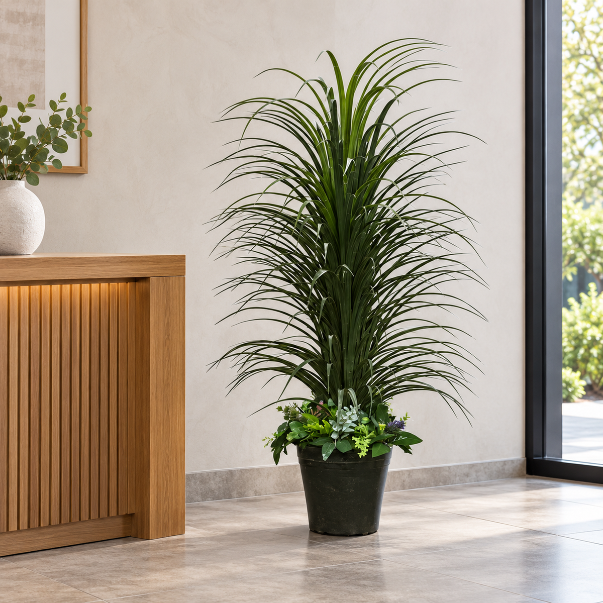 Artificial fountain grass with mixed floral base - office