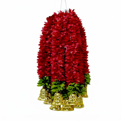 Red Artificial Flower Garland with Golden Bells — Premium Wall & Door Hanging Decor | Handmade Indian Festive Decoration-Artificial Flower Garland | AFF-Garland-1.1