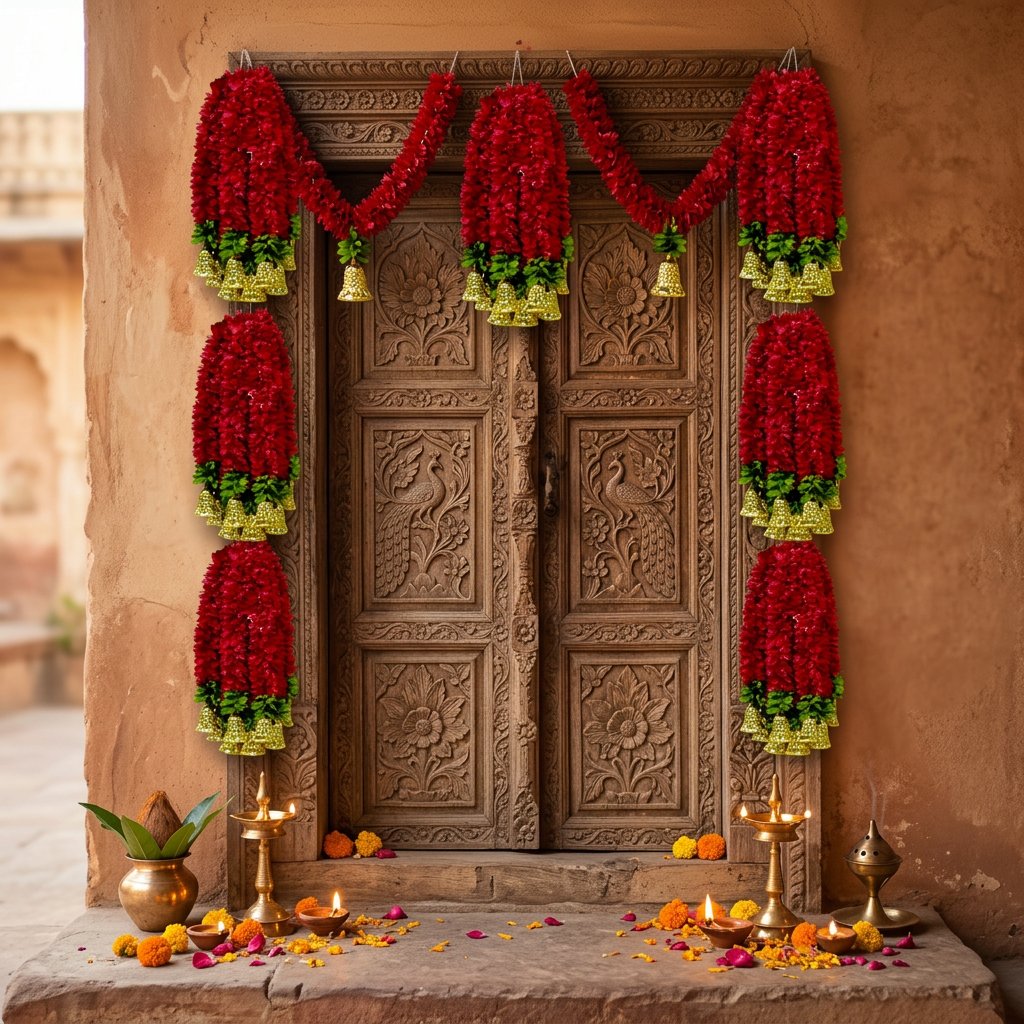 Red Artificial Flower Garland with Golden Bells — Premium Wall & Door Hanging Decor | Handmade Indian Festive Decoration-Artificial Flower Garland | AFF-Garland-1.1