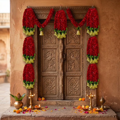 Red Artificial Flower Garland with Golden Bells — Premium Wall & Door Hanging Decor | Handmade Indian Festive Decoration-Artificial Flower Garland | AFF-Garland-1.1