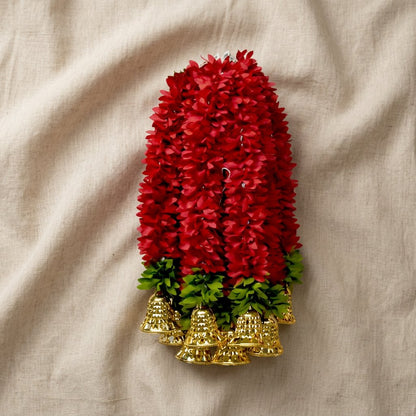 Red Artificial Flower Garland with Golden Bells — Premium Wall & Door Hanging Decor | Handmade Indian Festive Decoration-Artificial Flower Garland | AFF-Garland-1.1