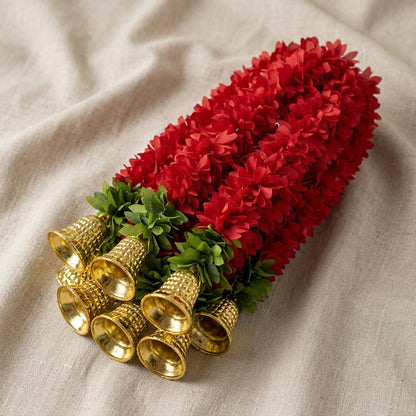 Red Artificial Flower Garland with Golden Bells — Premium Wall & Door Hanging Decor | Handmade Indian Festive Decoration-Artificial Flower Garland | AFF-Garland-1.1
