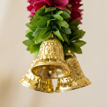 Red Artificial Flower Garland with Golden Bells — Premium Wall & Door Hanging Decor | Handmade Indian Festive Decoration-Artificial Flower Garland | AFF-Garland-1.1