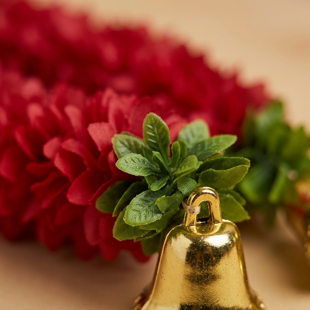 Red Artificial Flower Garland with Golden Bells — Premium Wall & Door Hanging Decor | Handmade Indian Festive Decoration-Artificial Flower Garland | AFF-Garland-1.1
