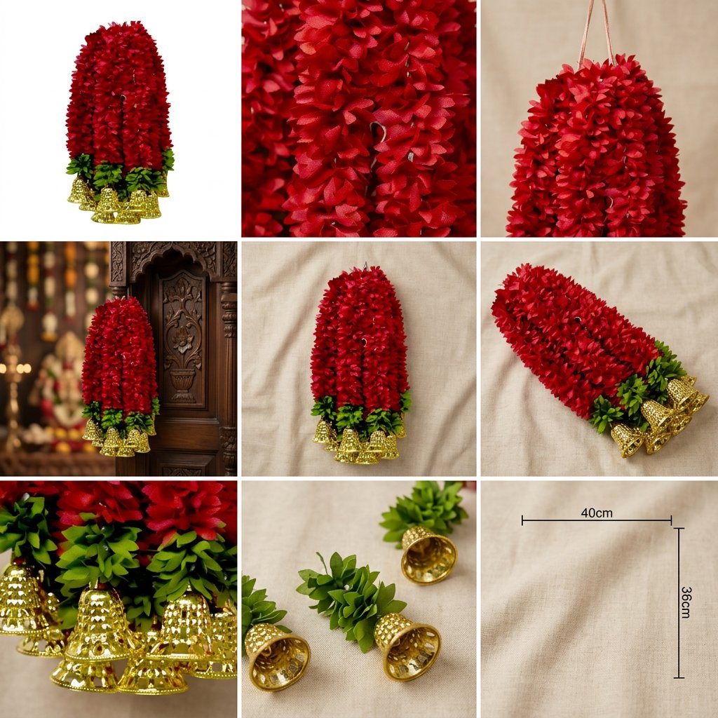 Red Artificial Flower Garland with Golden Bells — Premium Wall & Door Hanging Decor | Handmade Indian Festive Decoration-Artificial Flower Garland | AFF-Garland-1.1