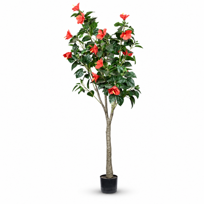 Artificial Hibiscus Flowering Potted Tree - white-background