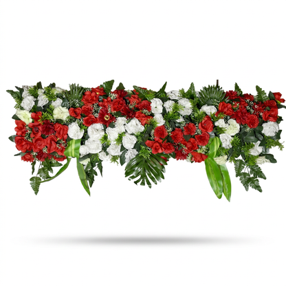 Artificial Flower Panel 120 cm, Red & White Rose Strip with Green Foliage – Ready-to-Use Floral Wall Décor Band for Backdrop, Mandap, Wedding Stage, Balcony & Event Decoration (Channel Panel 3.26)
