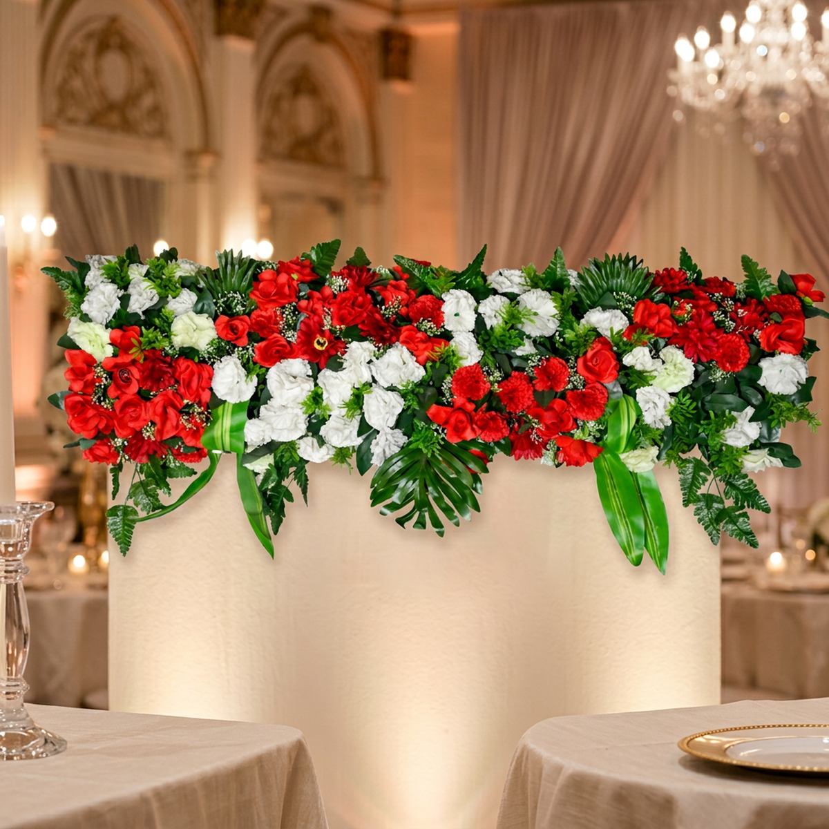 Artificial Flower Panel 120 cm, Red & White Rose Strip with Green Foliage – Ready-to-Use Floral Wall Décor Band for Backdrop, Mandap, Wedding Stage, Balcony & Event Decoration (Channel Panel 3.26)