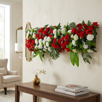 Artificial Flower Panel 120 cm, Red & White Rose Strip with Green Foliage – Ready-to-Use Floral Wall Décor Band for Backdrop, Mandap, Wedding Stage, Balcony & Event Decoration (Channel Panel 3.26)