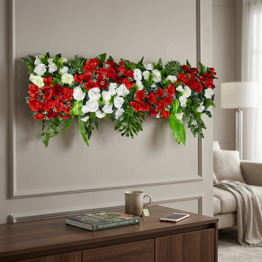 Artificial Flower Panel 120 cm, Red & White Rose Strip with Green Foliage – Ready-to-Use Floral Wall Décor Band for Backdrop, Mandap, Wedding Stage, Balcony & Event Decoration (Channel Panel 3.26)