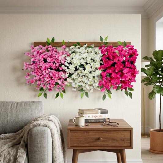 Artificial Bougainvillea Flower Panel 90 cm, Pink White & Magenta Bloom Strip with Green Leaves – Ready-to-Use Floral Band for Backdrop, Mandap, Wedding Stage, Balcony Railing & Event Décor (Channel Panel 3.22)