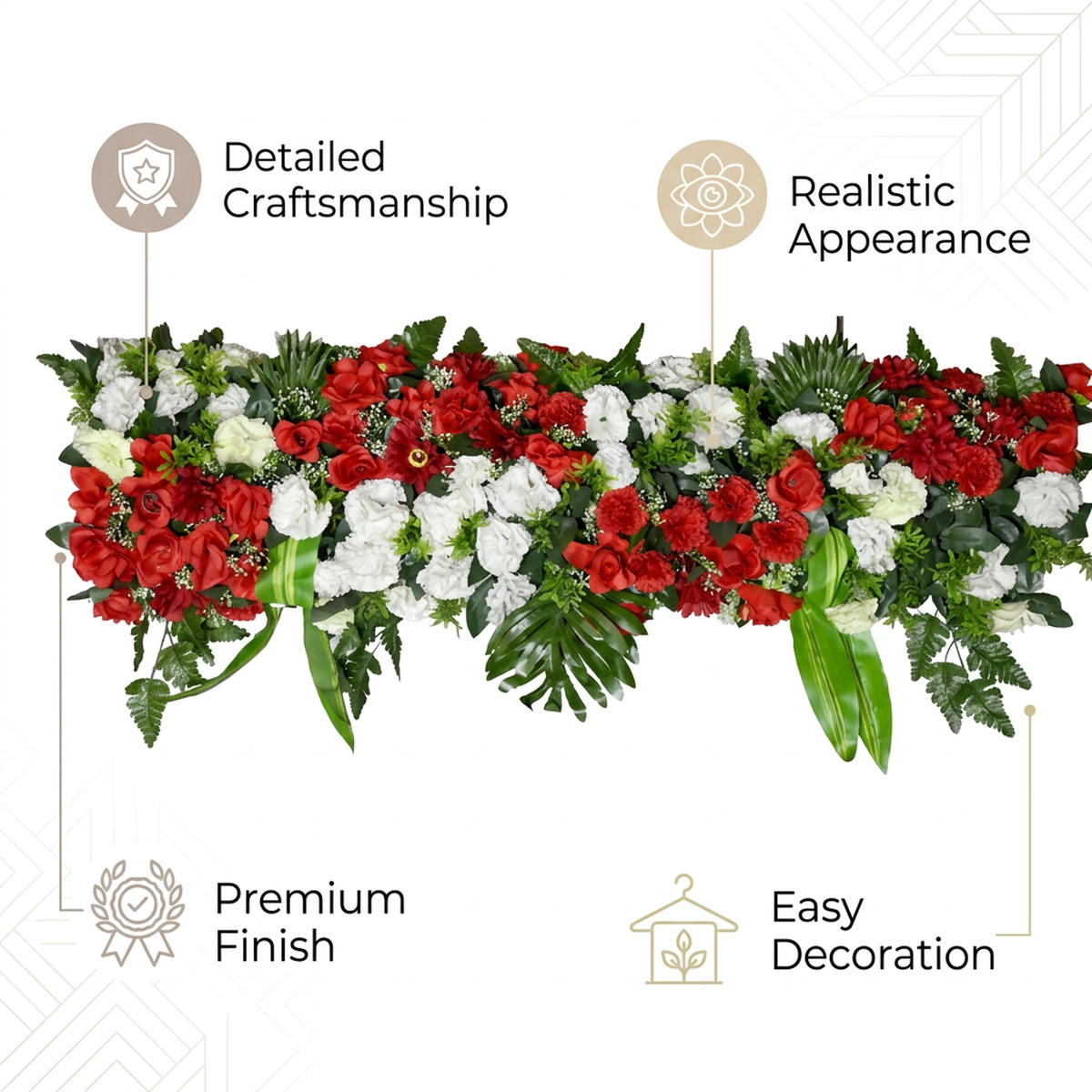 Artificial Flower Panel 120 cm, Red & White Rose Strip with Green Foliage – Ready-to-Use Floral Wall Décor Band for Backdrop, Mandap, Wedding Stage, Balcony & Event Decoration (Channel Panel 3.26)