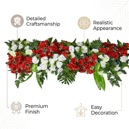 Artificial Flower Panel 120 cm, Red & White Rose Strip with Green Foliage – Ready-to-Use Floral Wall Décor Band for Backdrop, Mandap, Wedding Stage, Balcony & Event Decoration (Channel Panel 3.26)