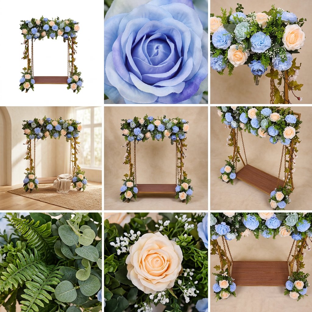 AFF Luxury Golden Metal Swing Stand with Sky Blue and Ivory Rose Floral Header (Jhula / Display Stand)-Ganpati Stand 2Feet | AFF-Ganpatistand-04