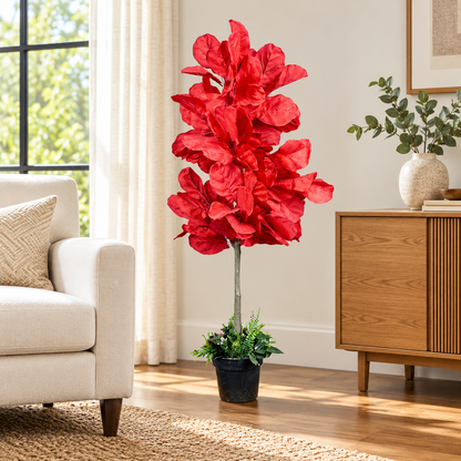 Scarlet artificial fiddle leaf plant - living-room