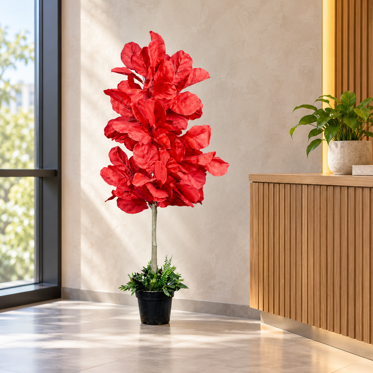 Scarlet artificial fiddle leaf plant - office
