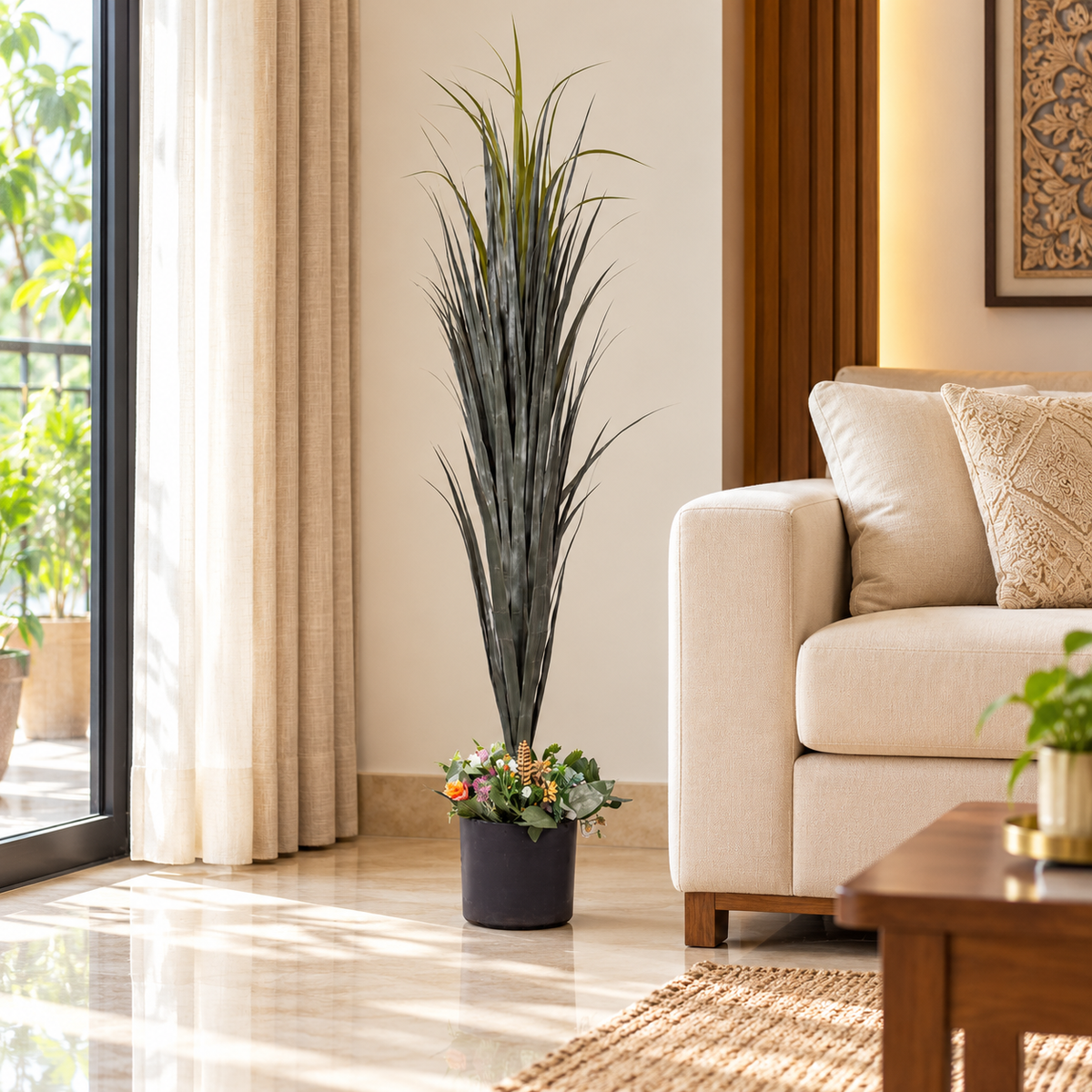 Artificial tall grass plant with wildflower base - living-room
