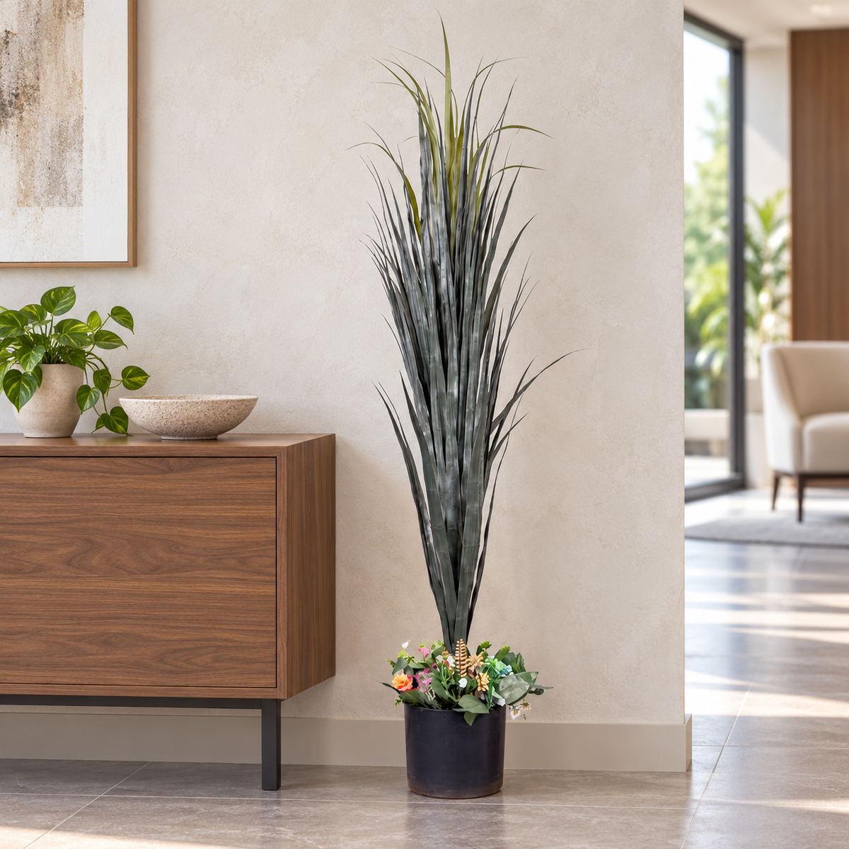 Artificial tall grass plant with wildflower base - office