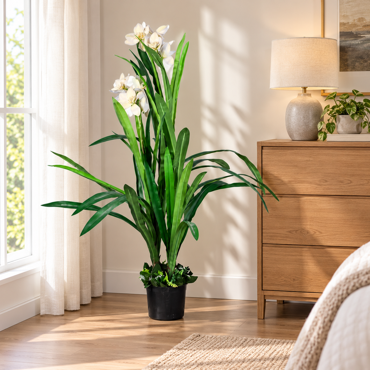 Artificial White Orchid Flowering Potted Plant - bedroom