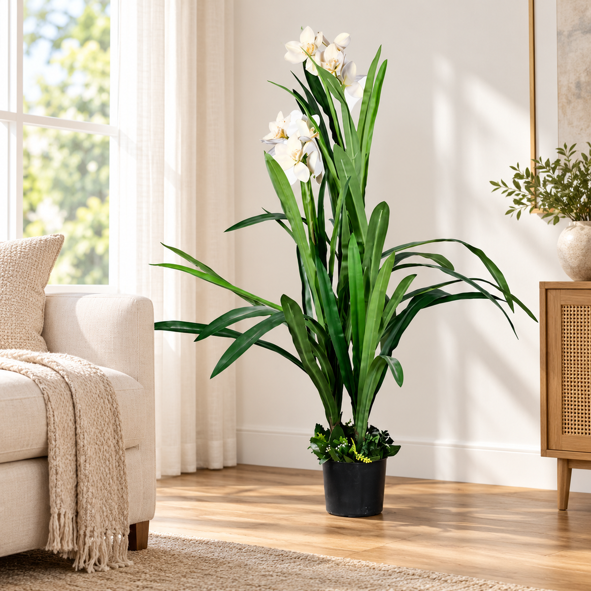 Artificial White Orchid Flowering Potted Plant - living-room