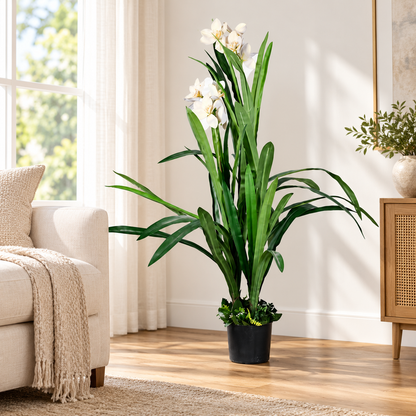 Artificial White Orchid Flowering Potted Plant - living-room